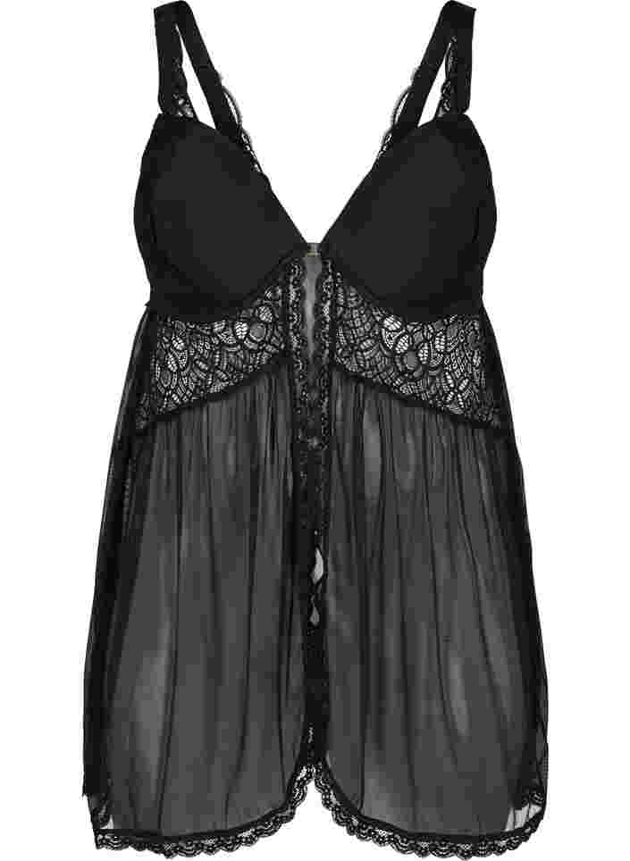 Pyjama jurk met kant en voorgevormde cups, Black, Packshot image number 0