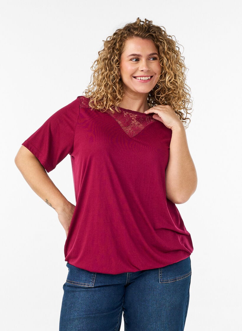 Blouse met kanten inzetstuk en ballonmouwen, Rood, Model image number 0