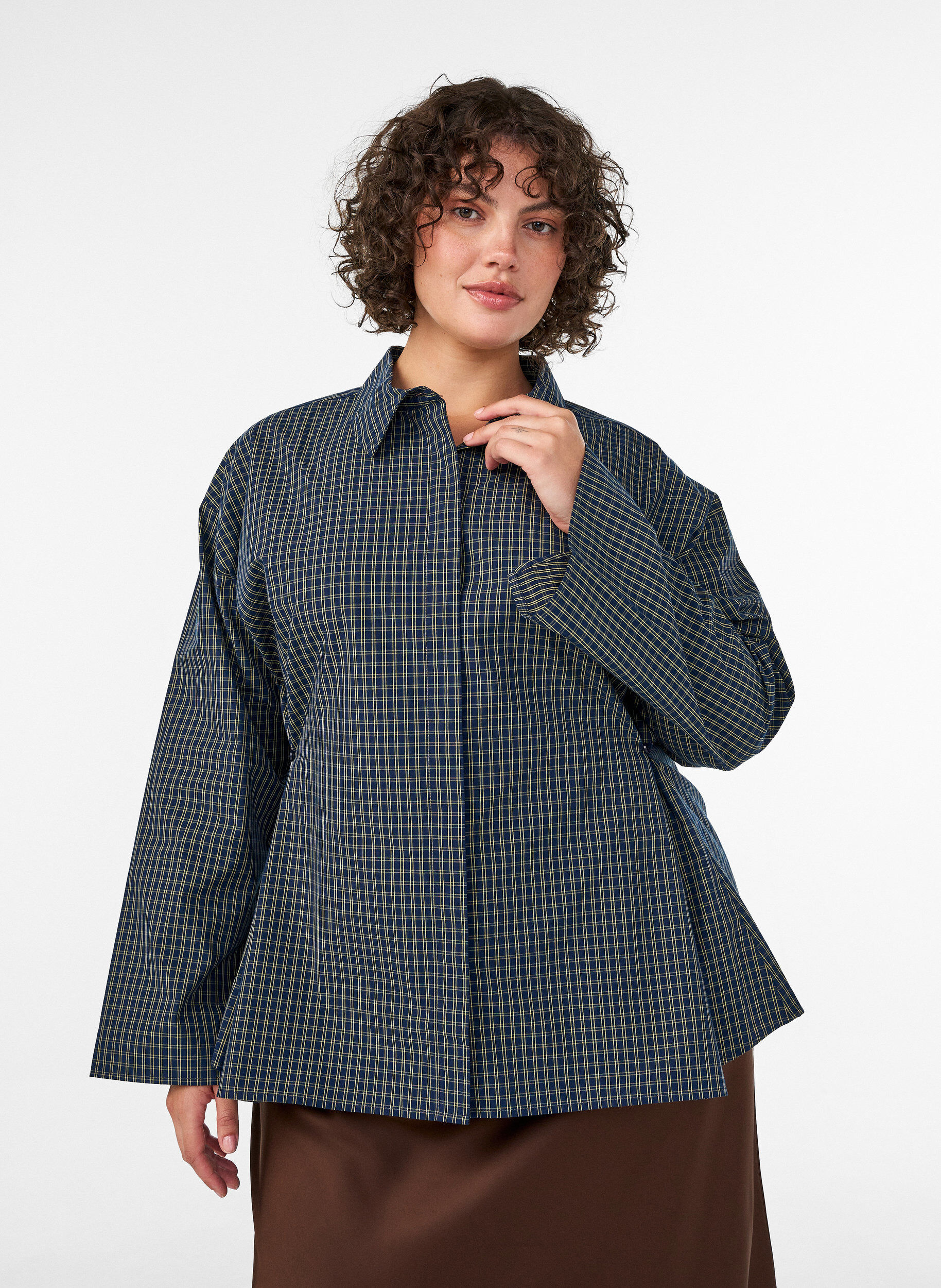 ZizziKatoenen overhemd met ruitpatroon en onzichtbare knoopsluiting, Blauw, Model image number 0