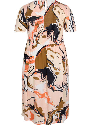 Viscose jurk met print en smokwerk, Abstract AOP, Packshot image number 1
