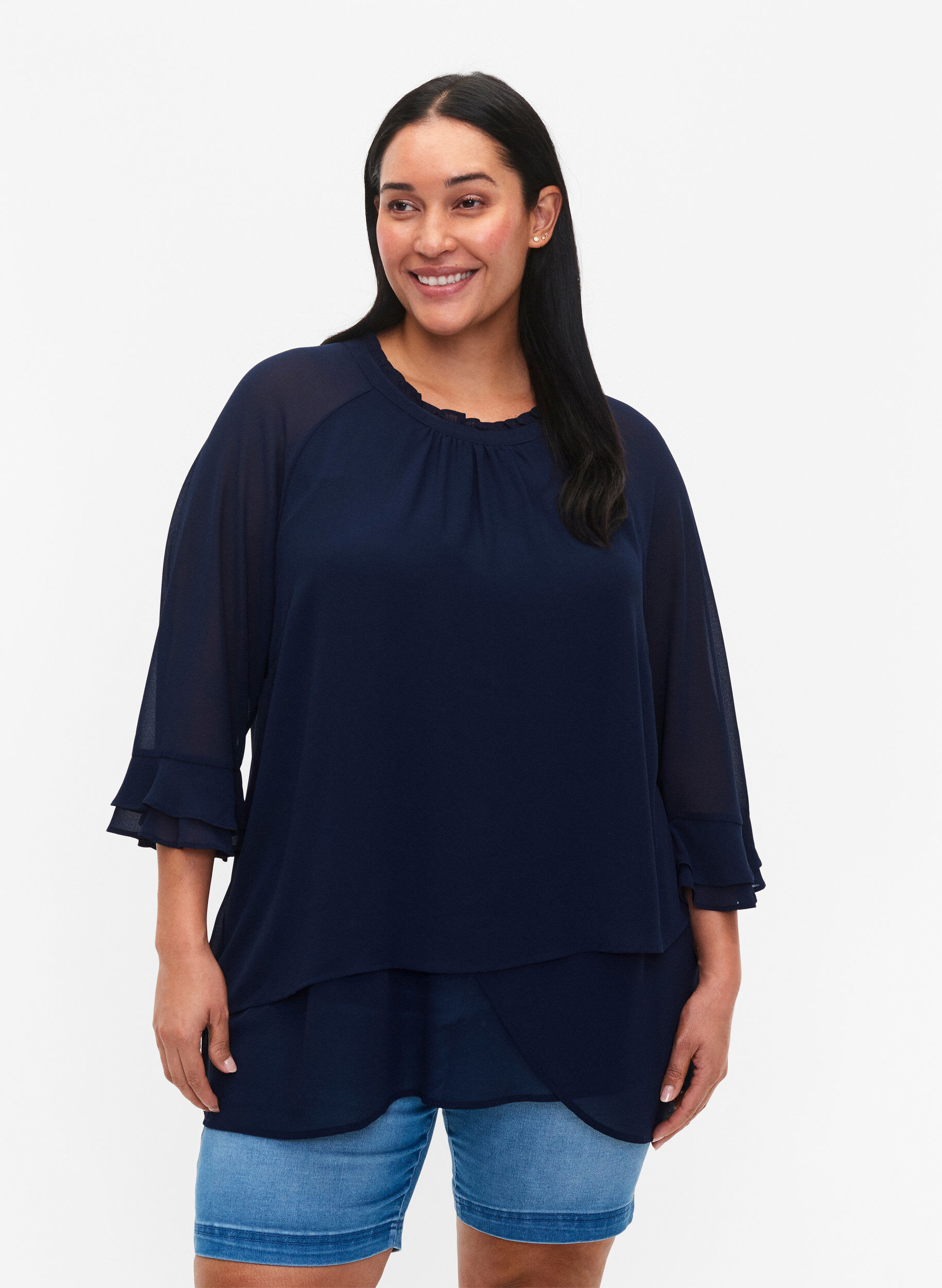 Zizzi Blouse met asymmetrische onderkant en 3/4 mouwen, Navy Blazer, Model image number 0