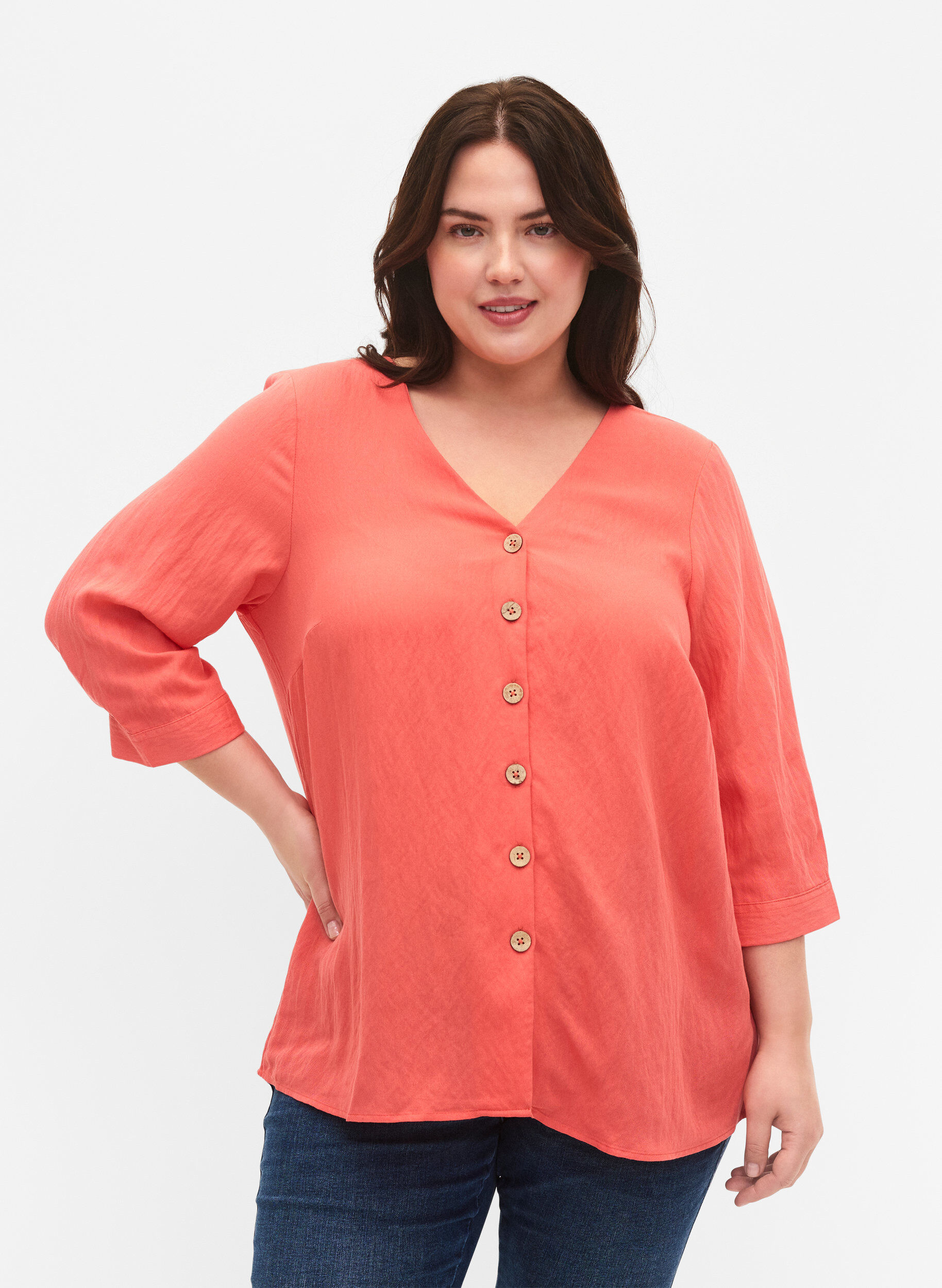 Zizzi Viscose blouse met knopen en v-hals, Deep Sea Coral, Model image number 0