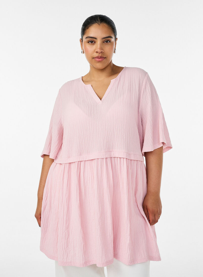 Tuniek met gekreukelde structuur en 1/2 mouwen, Roze, Model image number 0