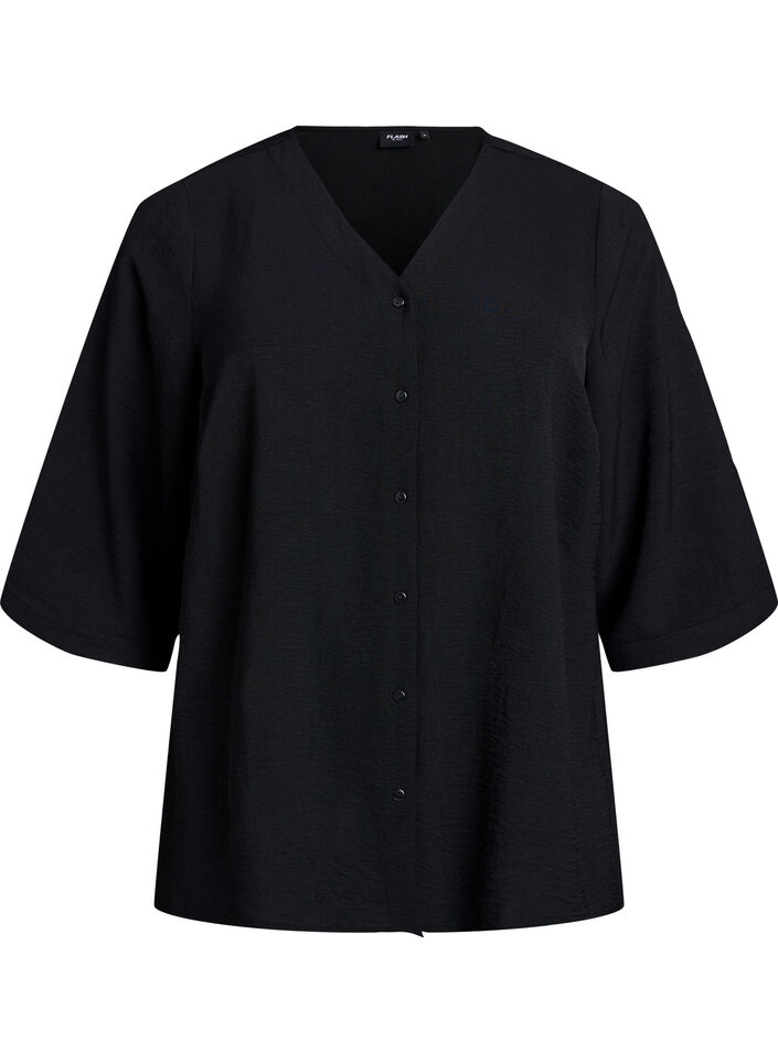 Shirtblouse met V-hals en 3/4 mouwen, Zwart, Packshot image number 0
