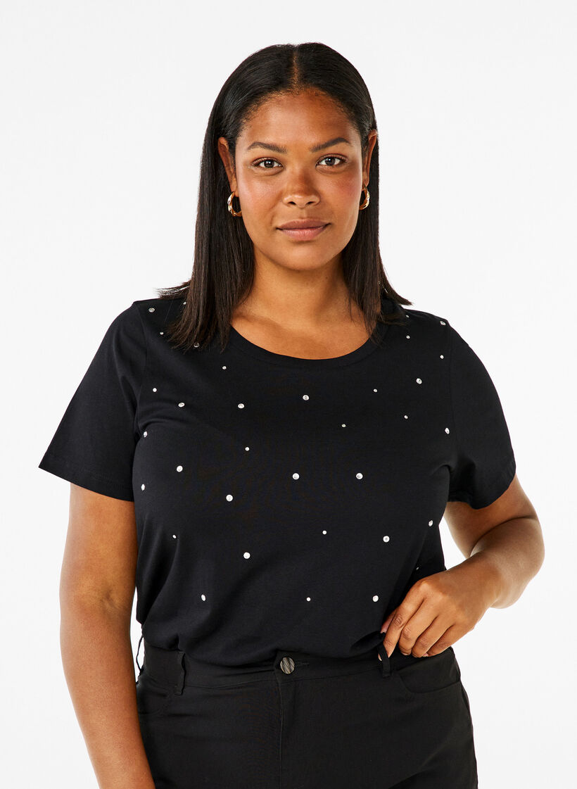 Katoenen T-shirt met strassteentjes, Black, Model image number 0