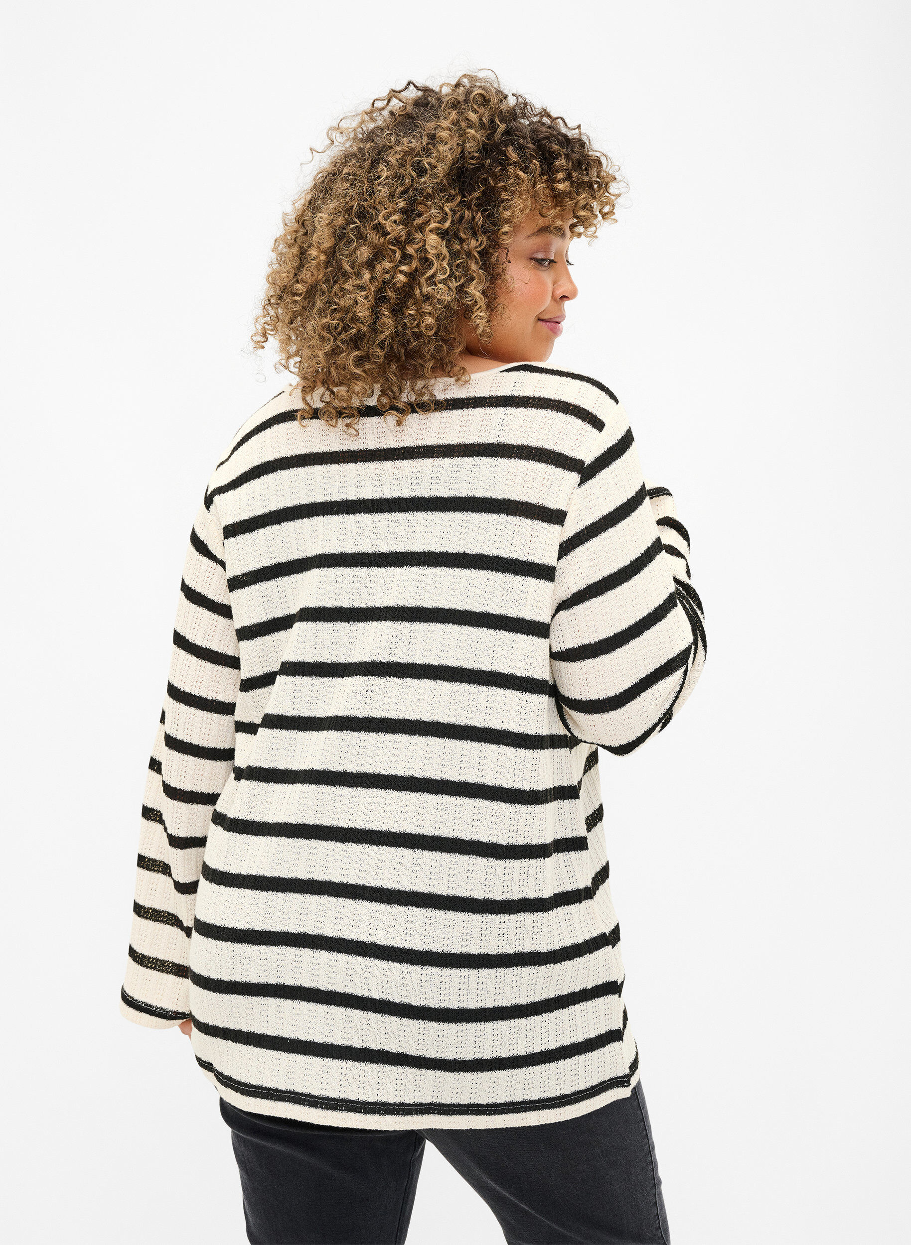 Zizzi Gestreept vest met strikkoord, Sand Black Stripe, Model image number 1