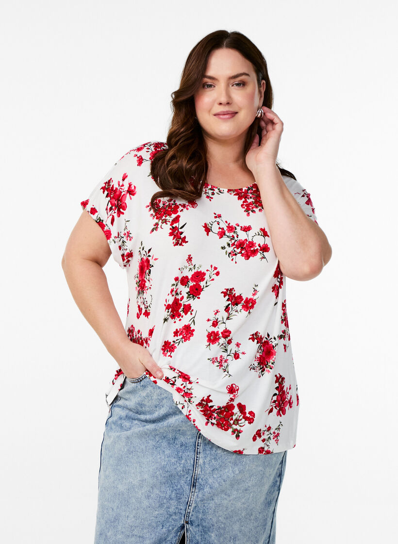 T-shirt met bloemenprint, Rood, Model image number 0