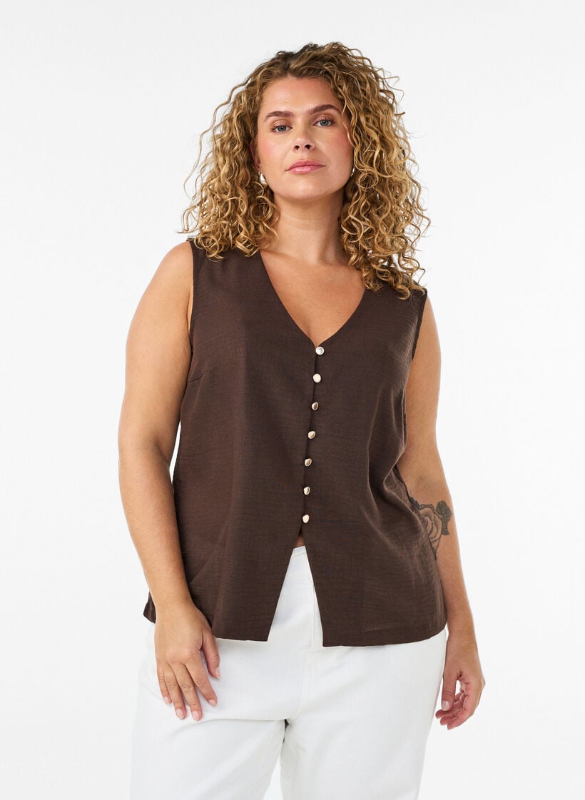Mouwloos vest met V-hals en knopen, Bruin, Model image number 0