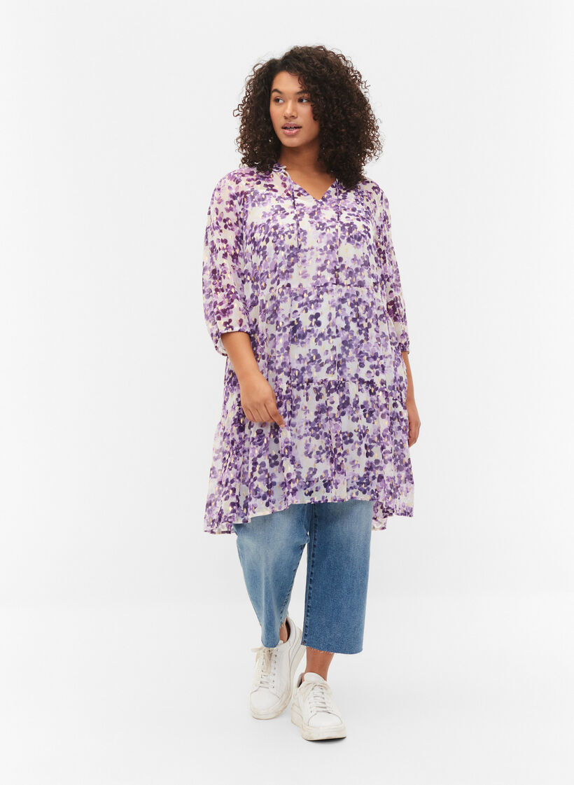 Tuniek met bloemenprint en lurex, Beige/Purple Flower, Model image number 2