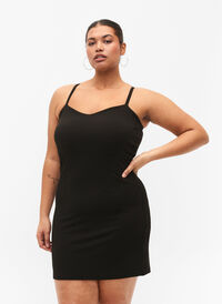 Slip jurk in rib, Black, Model