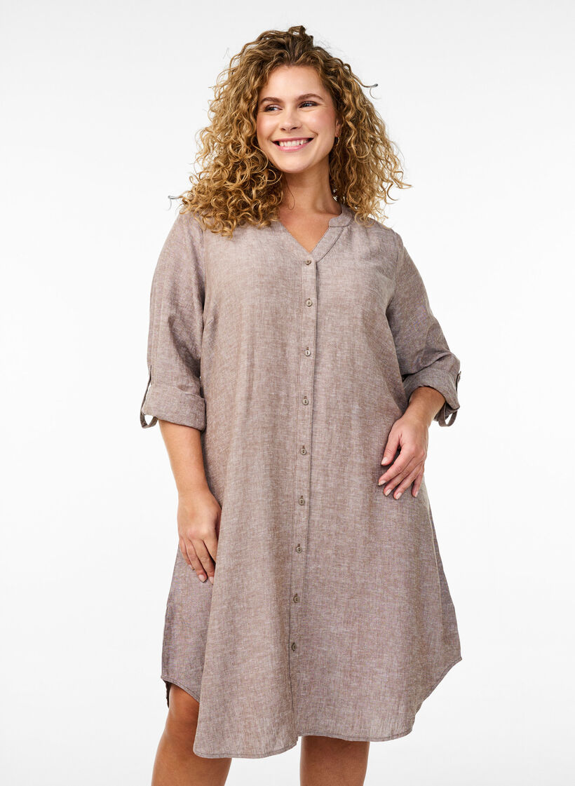 Lang shirt in linnen en viscose, Bruin, Model image number 0
