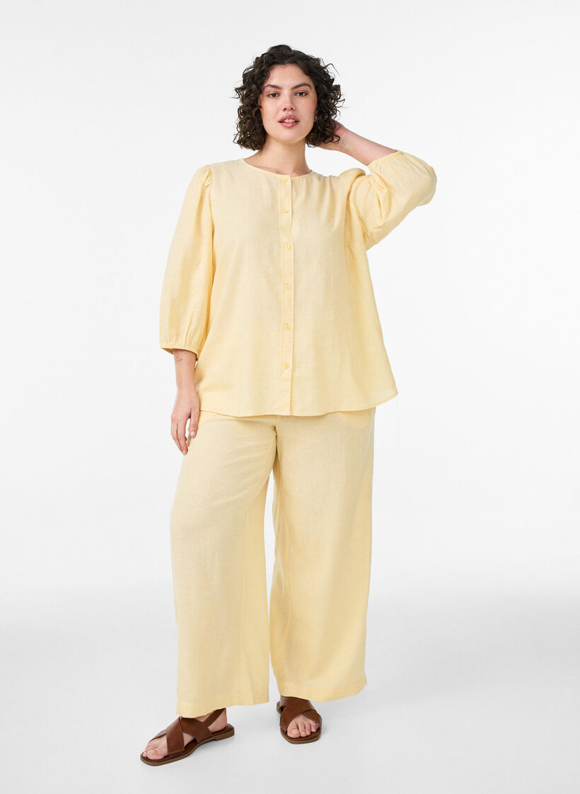 Wijde linnen en viscose broek, Geel, Model image number 0