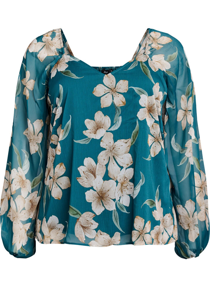 Chiffon blouse met bloemenprint en lange mouwen, Groen, Packshot image number 0