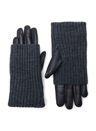 Lederen handschoen met breiwerk, Black, Packshot image number 0