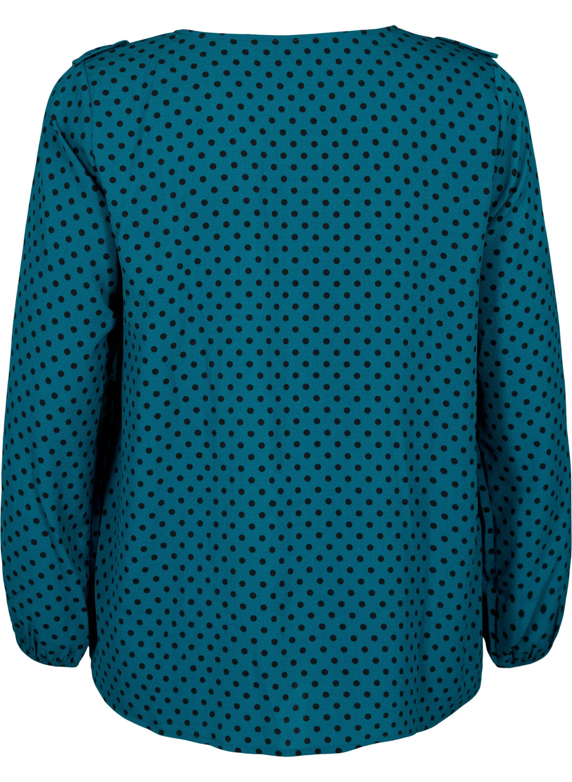 Zizzi Blouse met lange mouwen en ruches, Shaded Spruce Dot, Packshot image number 1