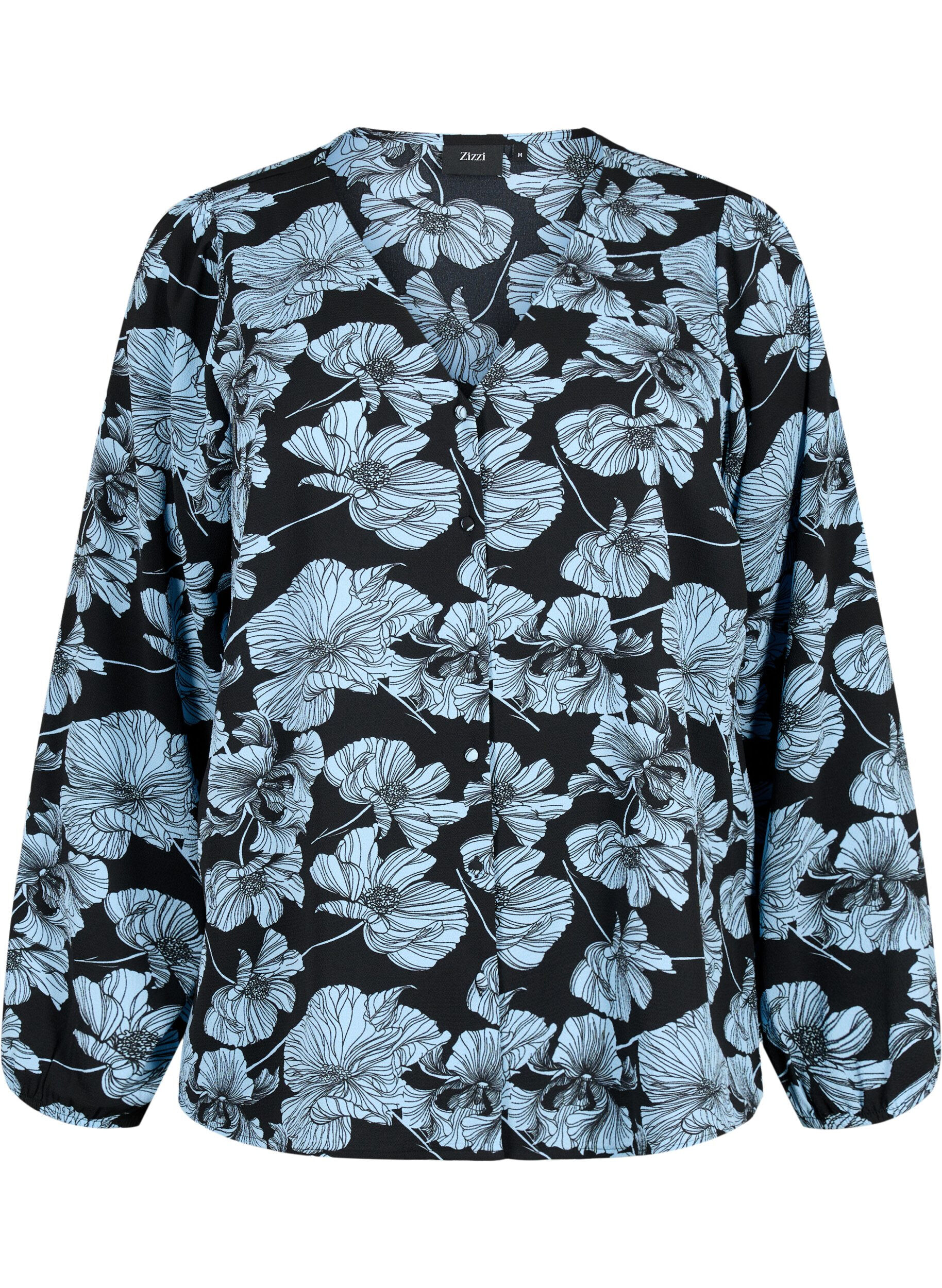 Zizzi Shirtblouse met V-hals en print, Black B. Flower AOP, Packshot image number 0
