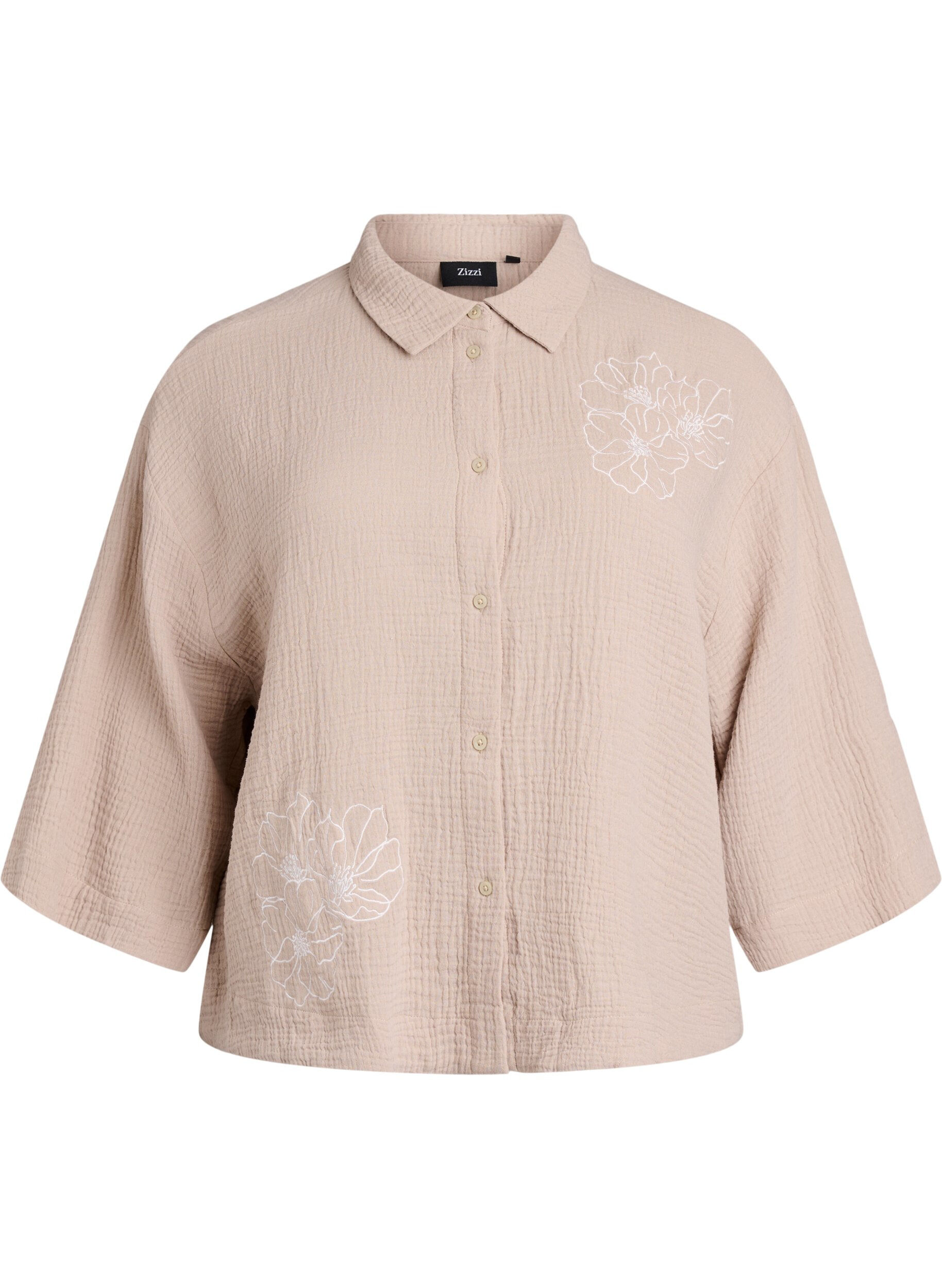 Zizzi Katoenen mousseline shirt met geborduurde details, Beige, Packshot image number 0