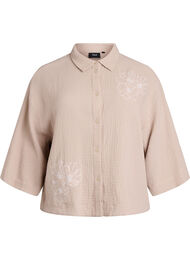 Katoenen mousseline shirt met geborduurde details, Beige
