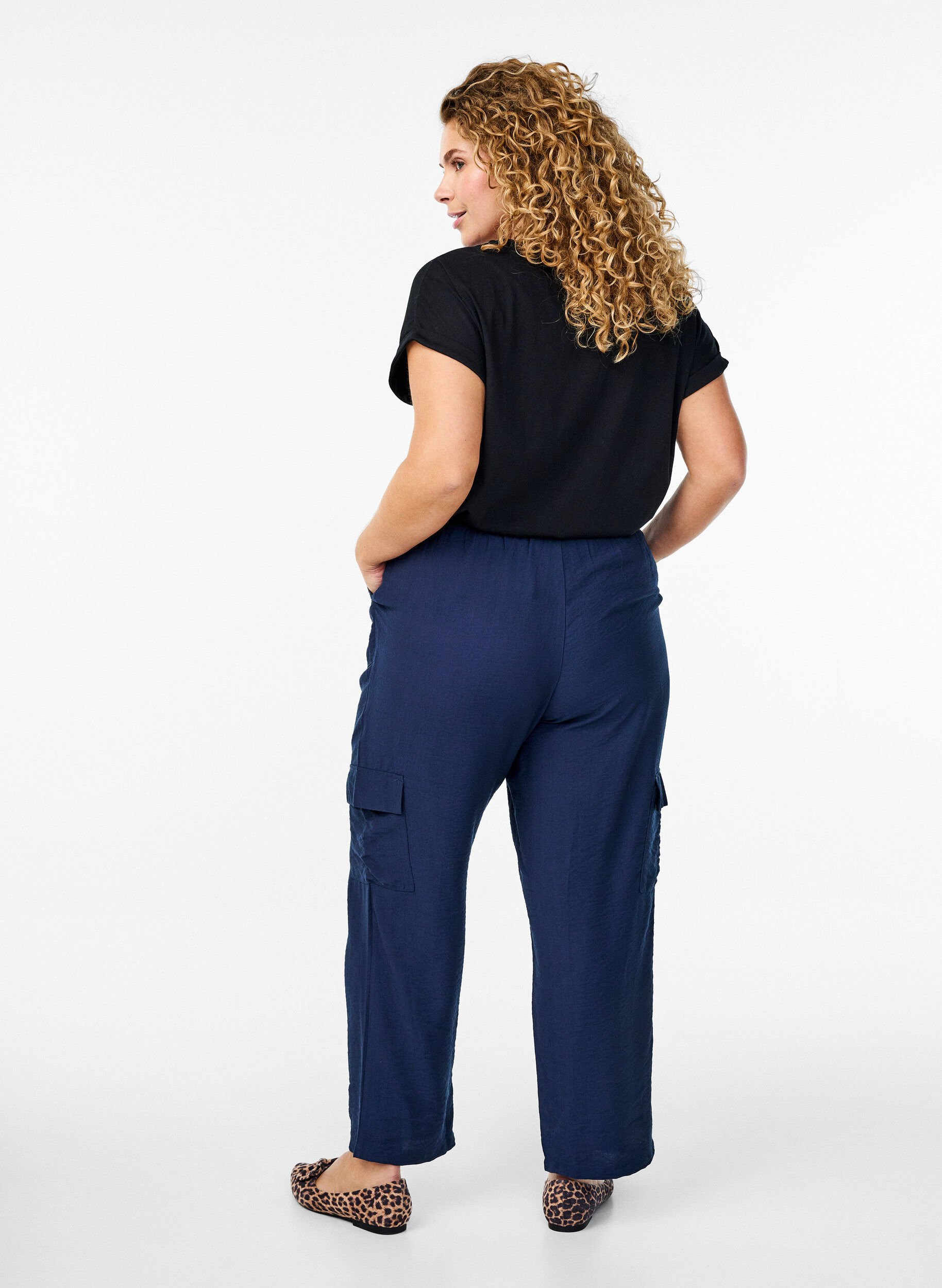 Zizzi Cargo broek met hoge taille, Blauw, Model image number 1