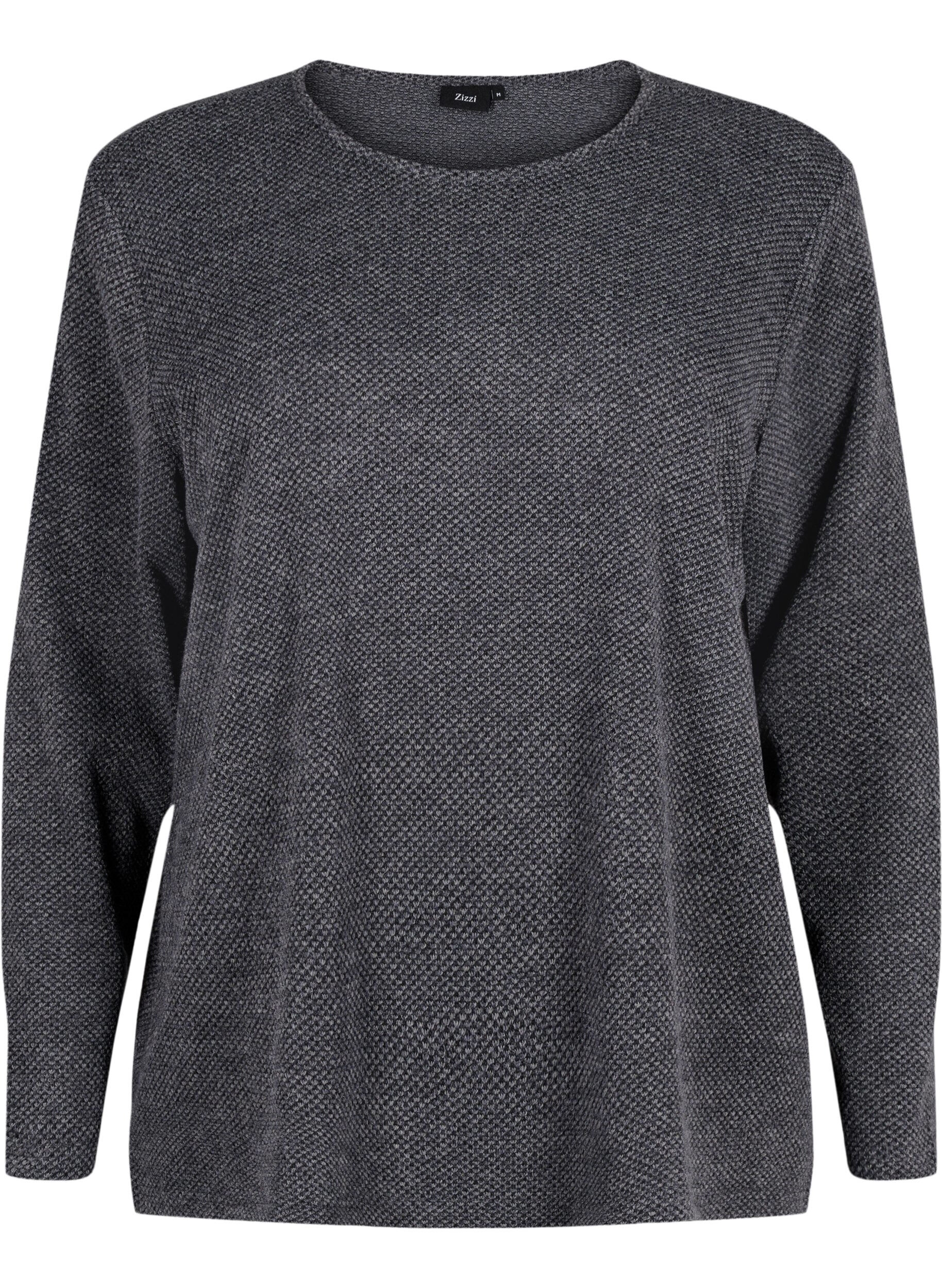 Zizzi Melange Blouse met een rond halsje en lange mouw, Dark Grey, Packshot image number 0