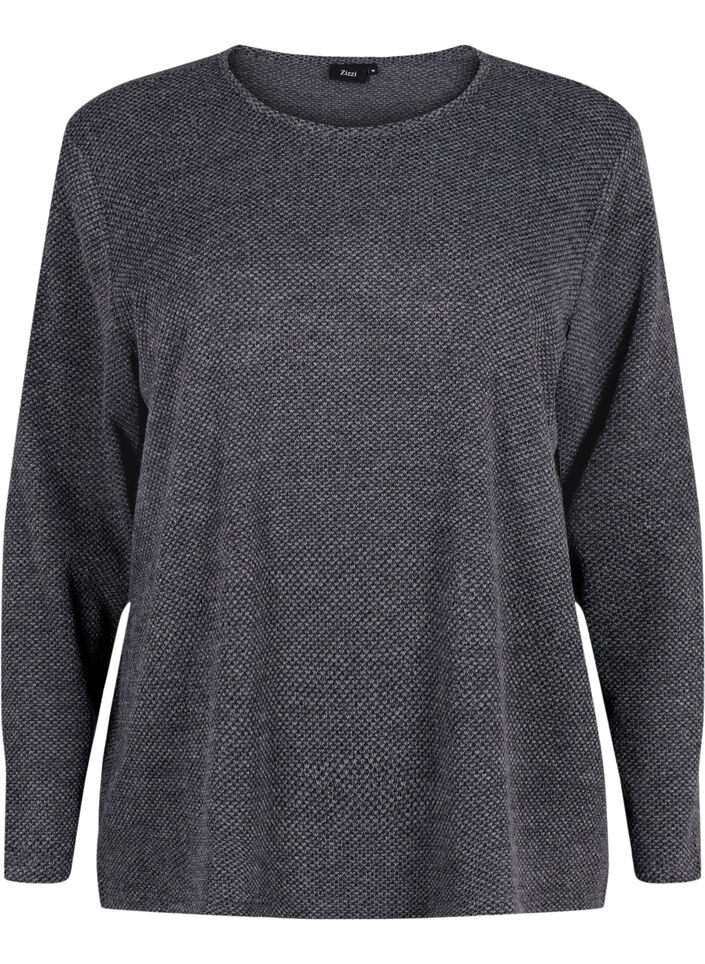 Melange Blouse met een rond halsje en lange mouw, Dark Grey, Packshot image number 0