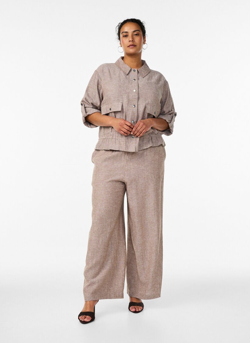 Wijde linnen en viscose broek, Bruin, Model image number 0