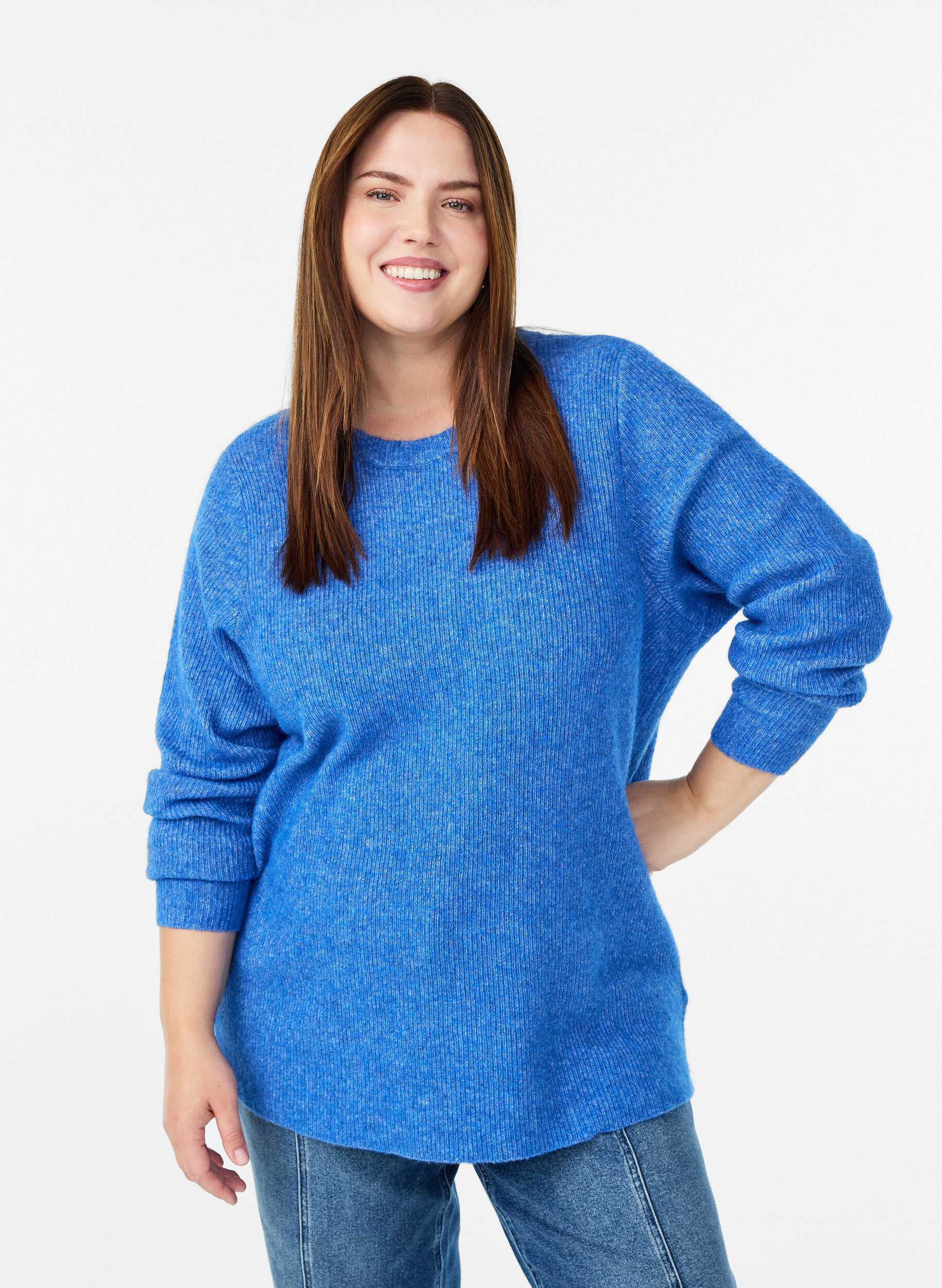 ZizziGem&ecirc;leerde gebreide blouse met ronde hals, Blauw, Model image number 0