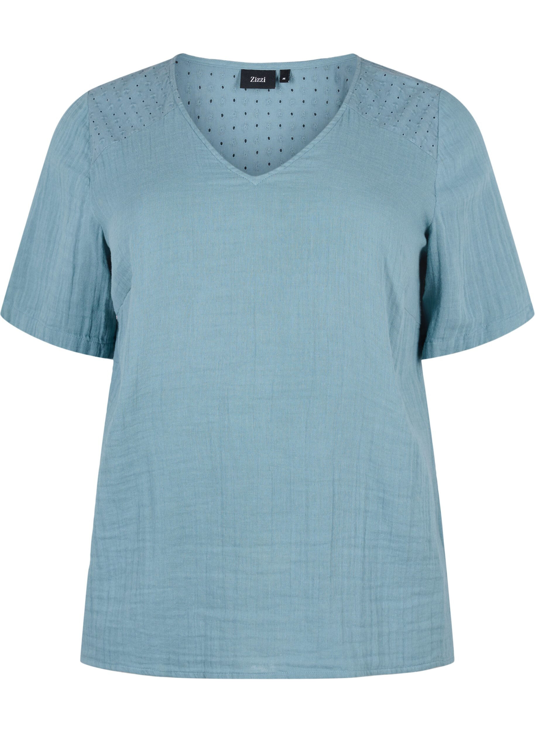 Zizzi Katoenen blouse met borduursel en korte mouwen, Smoke Blue, Packshot image number 0