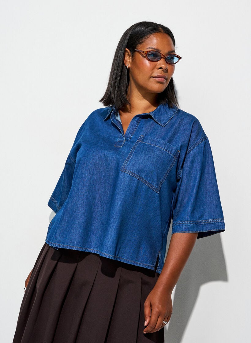 Denimblouse met borstzak en mouwen tot de elleboog, Blauw, Model image number 0