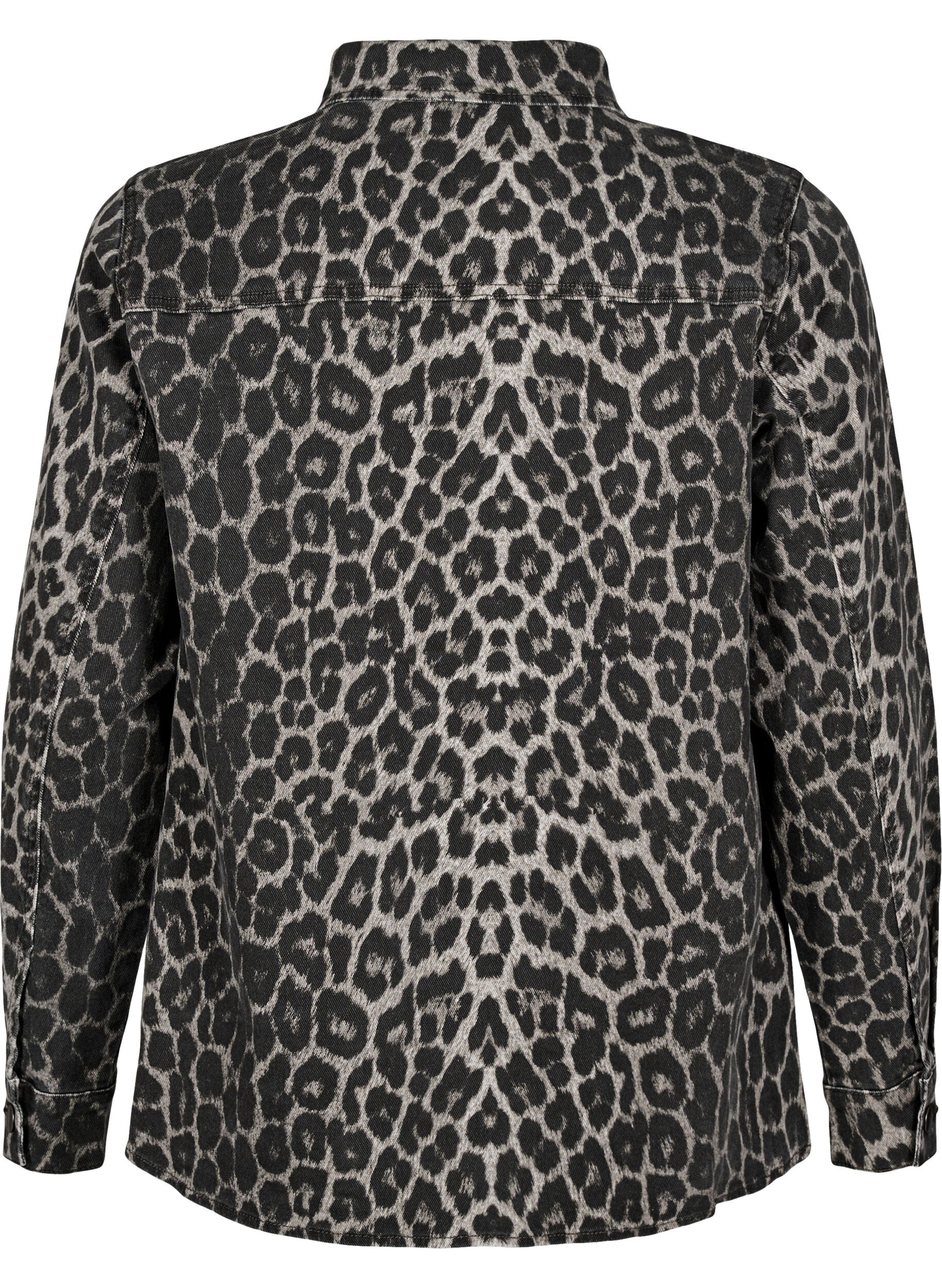 Zizzi Luipaardprint denim shirt met knopen, Grijs, Packshot image number 1