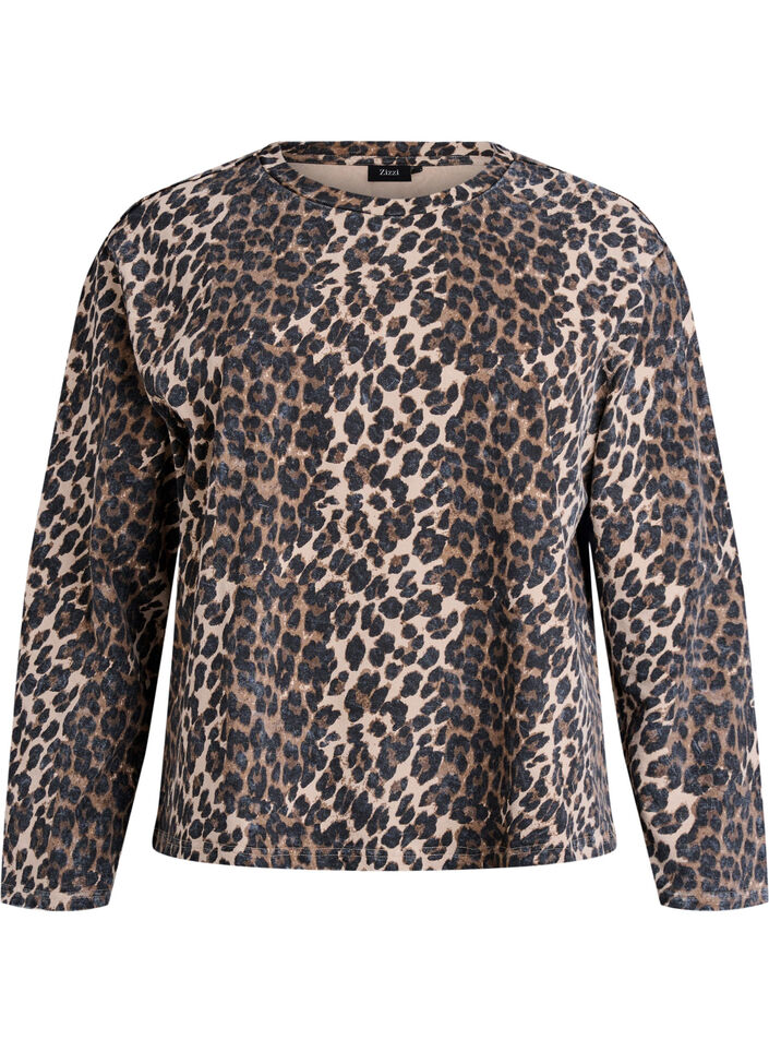 Gewassen sweatshirt met luipaardprint, Bruin, Packshot image number 0