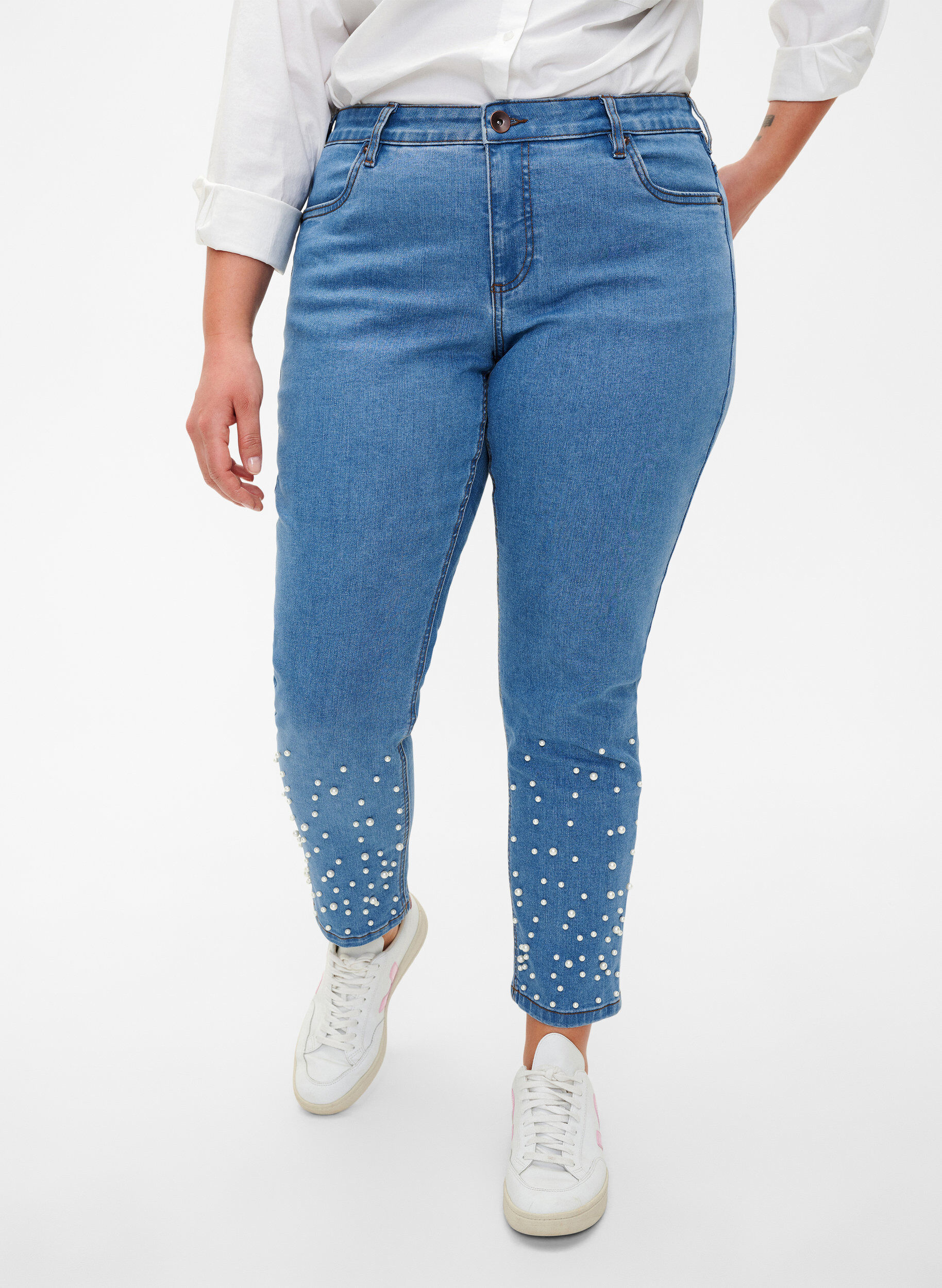 Zizzi Slim fit Emily jeans met parels, Light Blue, Model image number 2