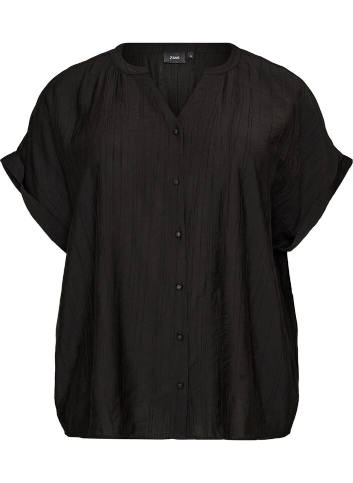 Viscose blouse met knoopjes en textuur, Zwart, Packshot image number 0