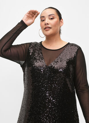 A-lijn jurk met pailletten en lange mouwen, Black, Model image number 2