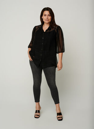 Transparante blouse met 3/4 pofmouwen, Black, Model image number 2