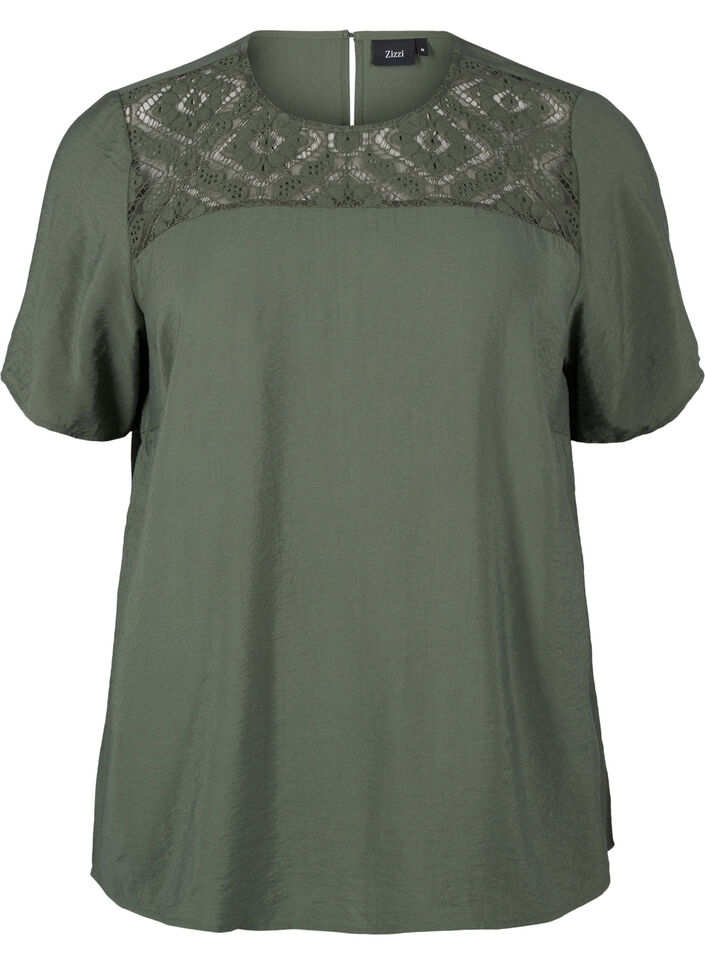 Blouse van viscose met korte mouwen en kant detail, Thyme, Packshot image number 0