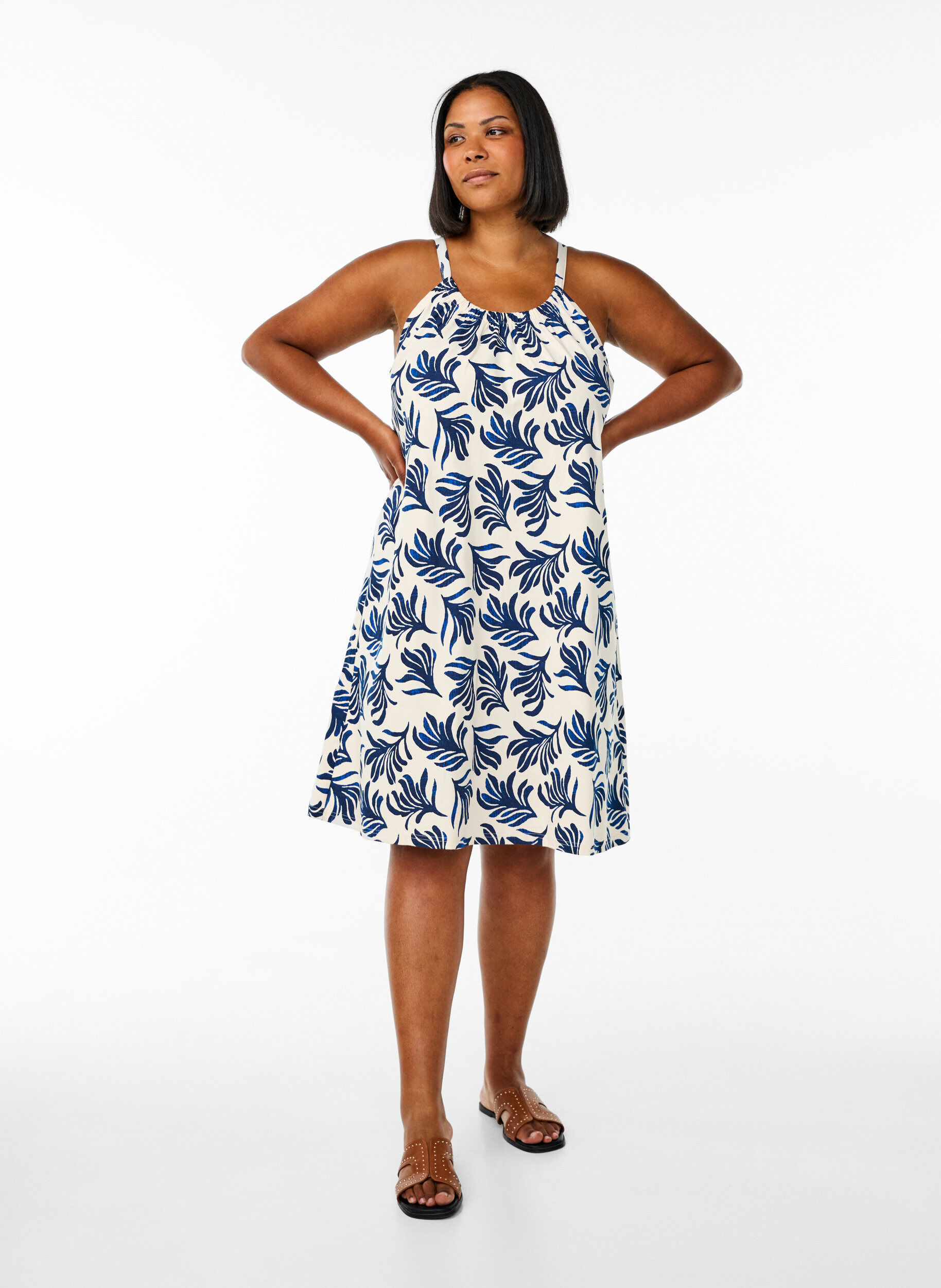 Zizzi Jurk met middelhoge bandjes van biologisch katoen, Wit, Model image number 1