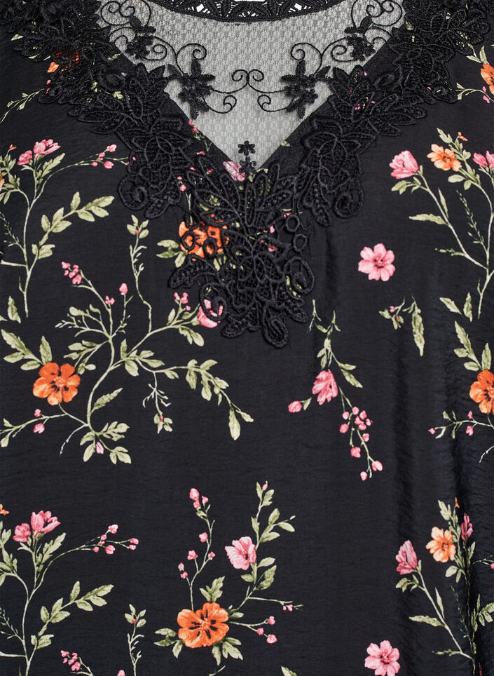 Blouse met 3/4 mouwen en kantdetails, Zwart, Packshot image number 2