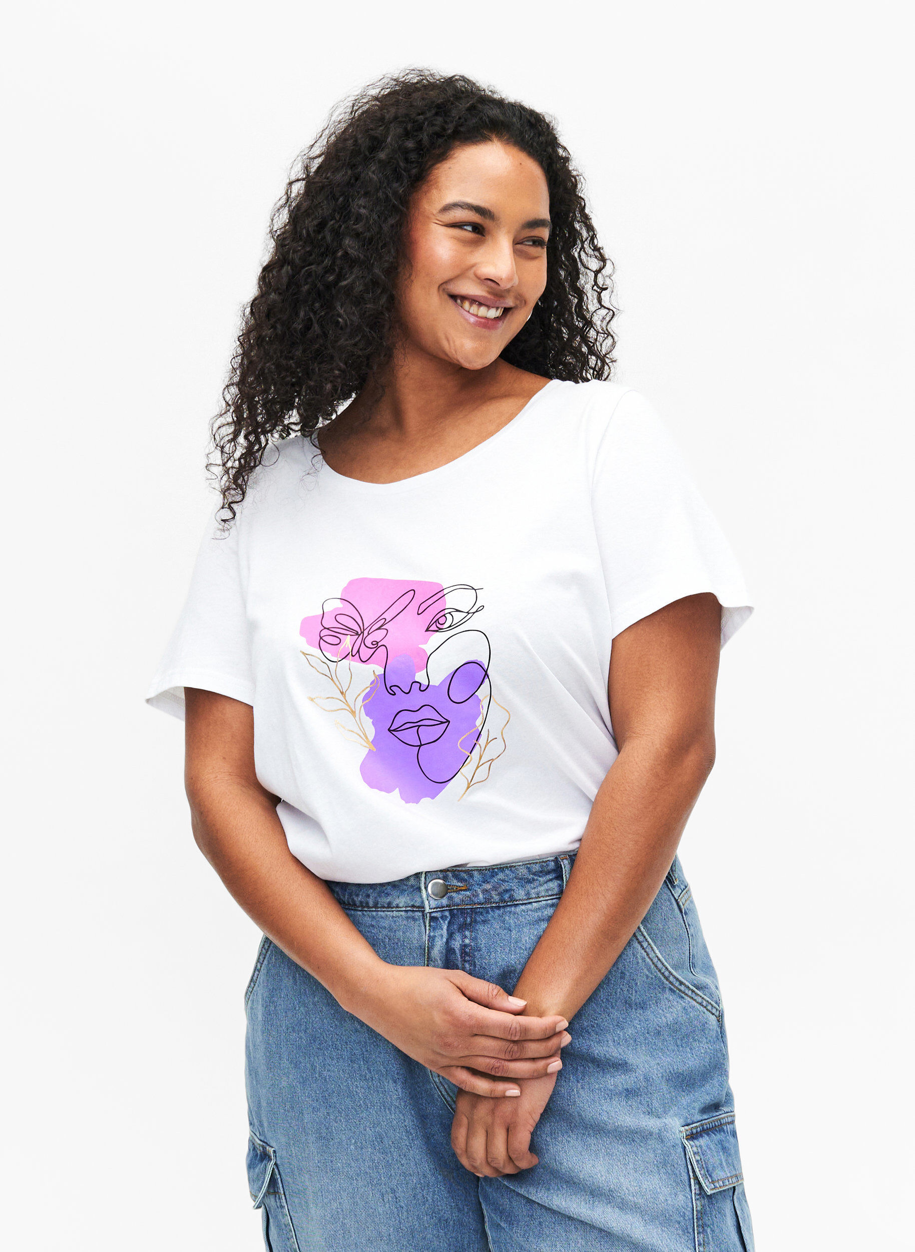 Zizzi Katoenen T-shirt met motief, B. White w. Face, Model image number 0