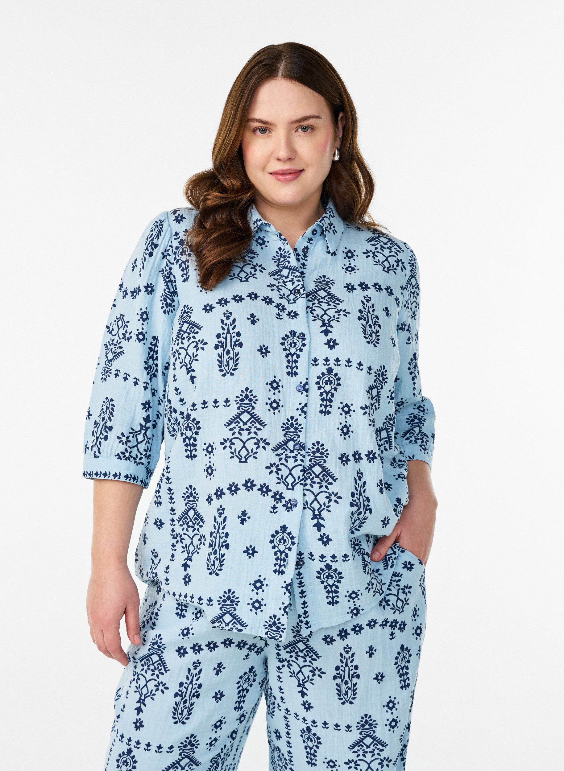 Zizzi Shirtblouse met 3/4 mouwen, Blauw, Model image number 0
