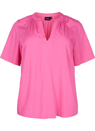 Viscose blouse met korte mouwen en v-hals, Shocking Pink, Packshot image number 0