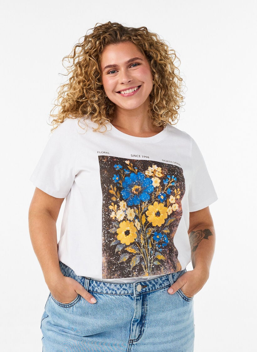 Katoenen T-shirt met print aan de voorkant, Wit, Model image number 0
