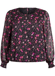Chiffon blouse met bloemenprint en sheer mouwen, Zwart