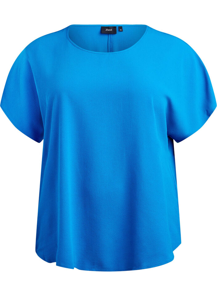 Blouse met korte mouwen en een ronde halslijn, Blauw, Packshot image number 0