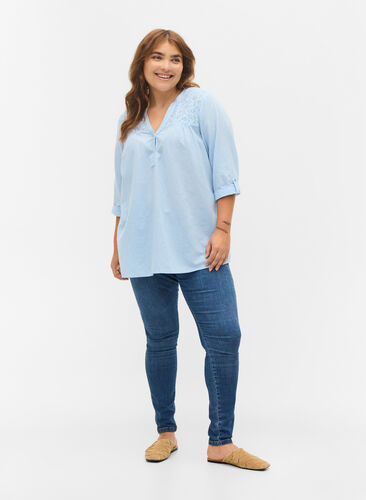 Katoenen blouse met kanten details, Chambray Blue, Model image number 2