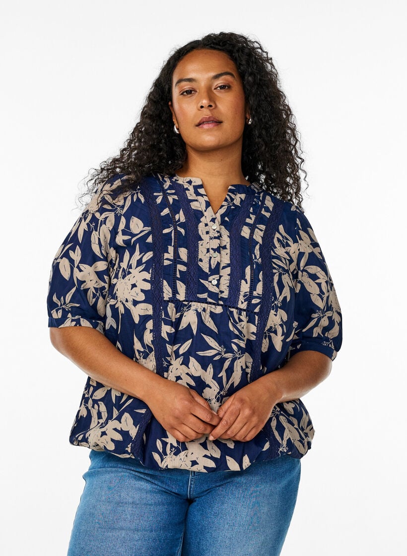 Blouse met print en 1/2 mouwen, Blauw, Model image number 0