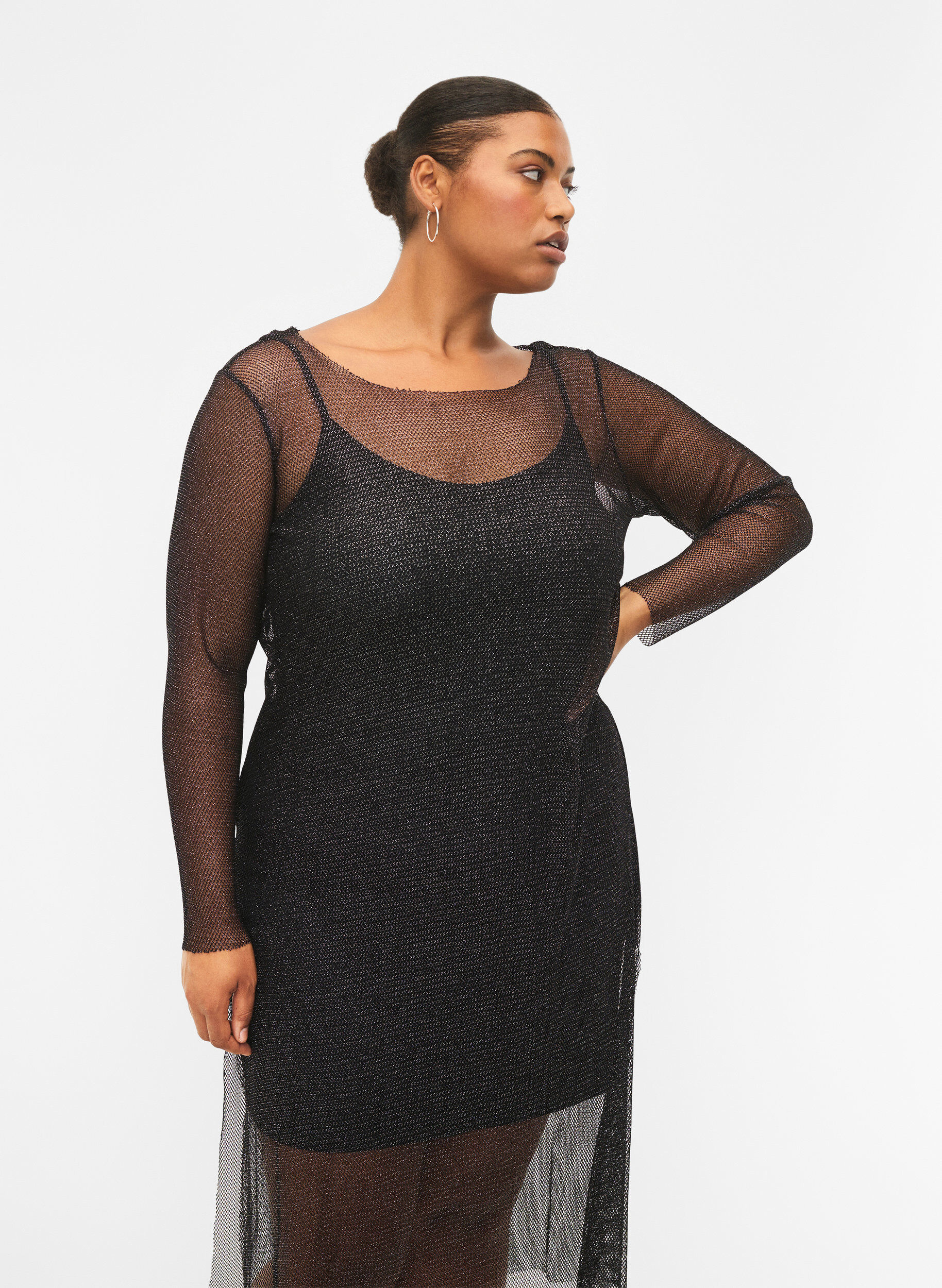 Zizzi Net-jurk met lange mouwen, Black w. Silver, Model image number 2