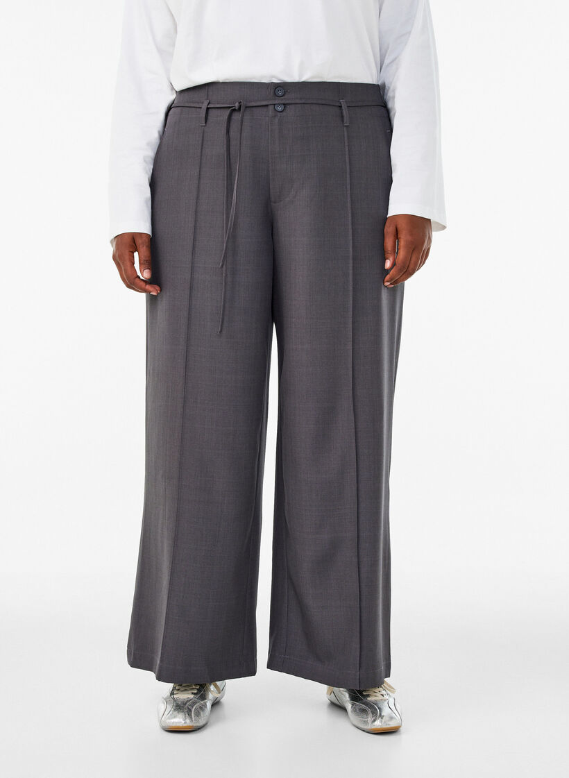 Op maat gemaakte broek met plooien en een strikceintuur, Grijs, Model image number 2
