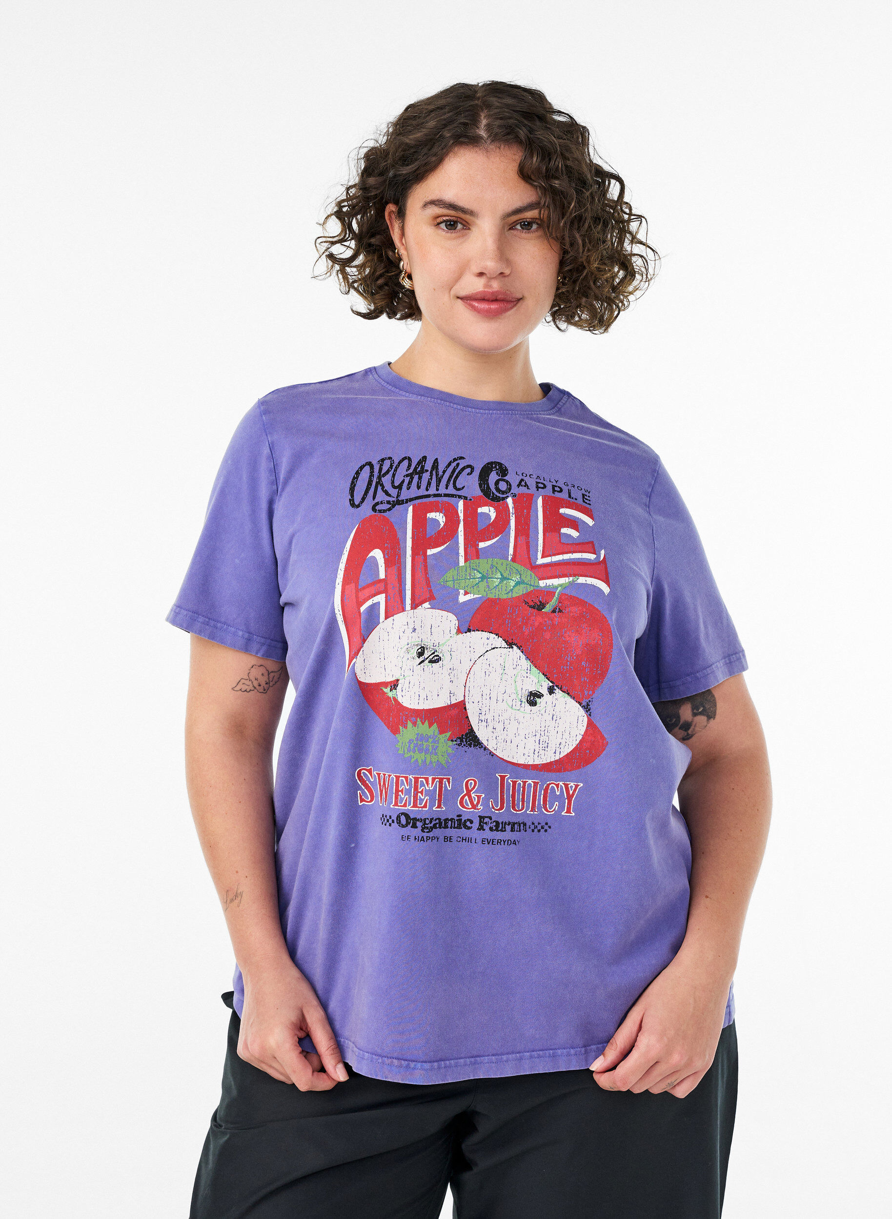 ZizziKatoenen T-shirt met print aan de voorkant en een gewassen look, Paars, Model image number 0
