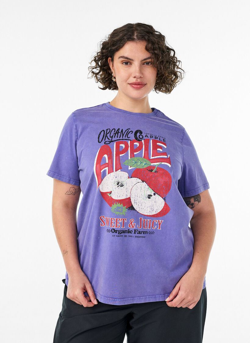 Katoenen T-shirt met print aan de voorkant en een gewassen look, Paars, Model image number 0
